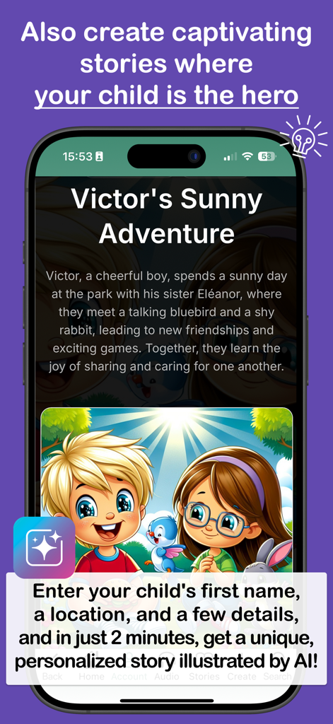 Oh My Tales - Bedtime stories - Una pantalla de aplicación móvil que muestra un cuento personalizado de IA para dormir con personajes e ilustraciones personalizadas.