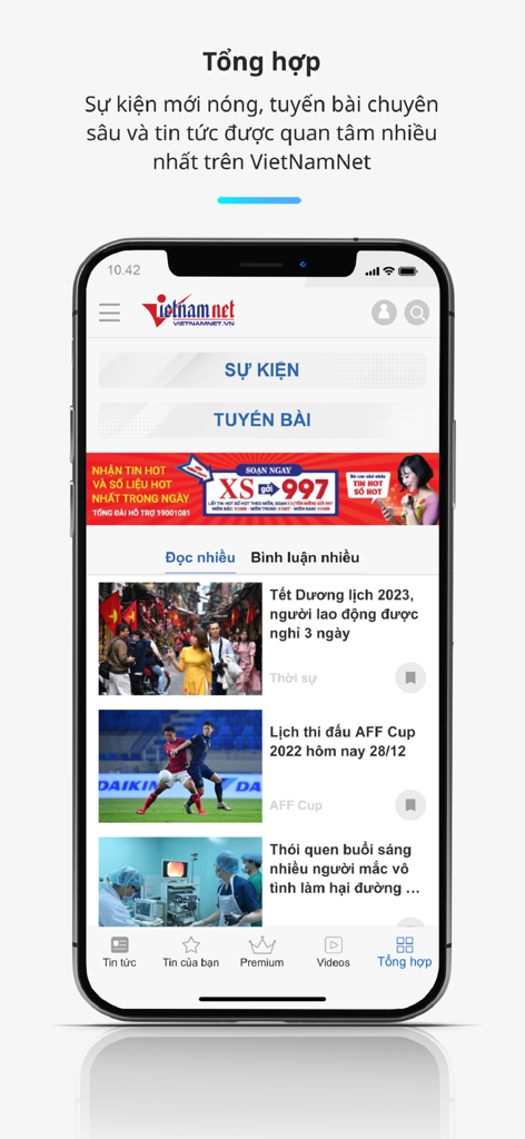 Interfaz de la aplicación de noticias VietNamNet mostrando artículos y categorías de noticias vietnamitas en un teléfono móvil