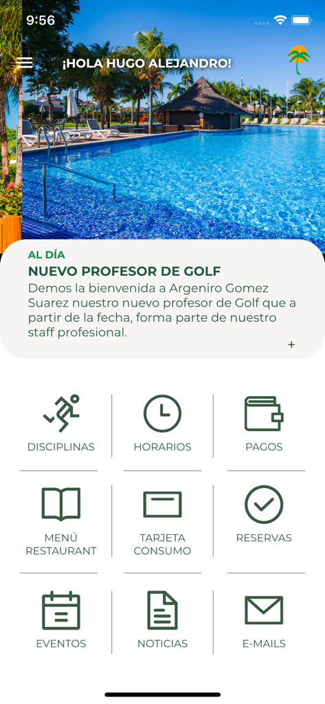 Las Palmas Country Club - Las Palmas Country Club app home screen showing a luxury resort pool and menu icons for club services like payments and reservations