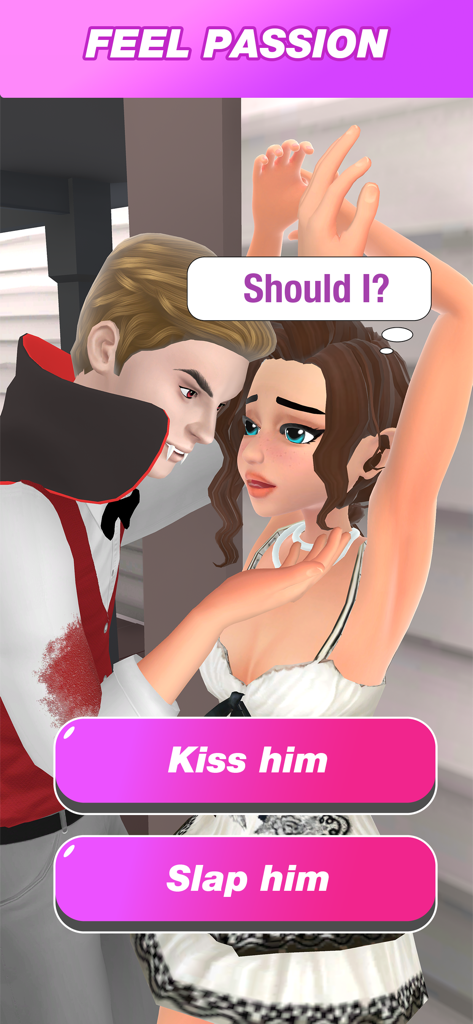 Become a Vampire Queen - Una escena de juego interactiva donde un jugador elige entre besar o abofetear a un personaje vampiro.