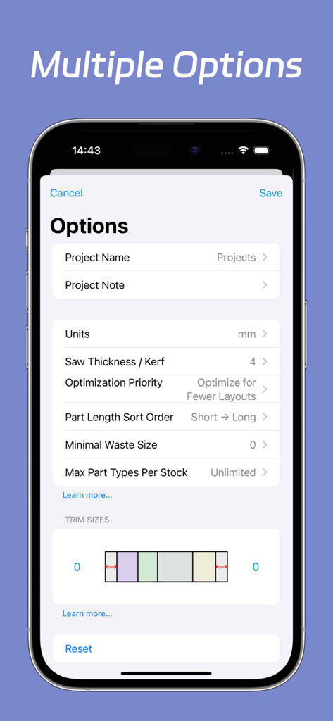 Bildschirmansicht des Mobiltelefons mit anpassbaren Optionen für die lineare Materialoptimierung, einschließlich Sägestärke und Einheiten