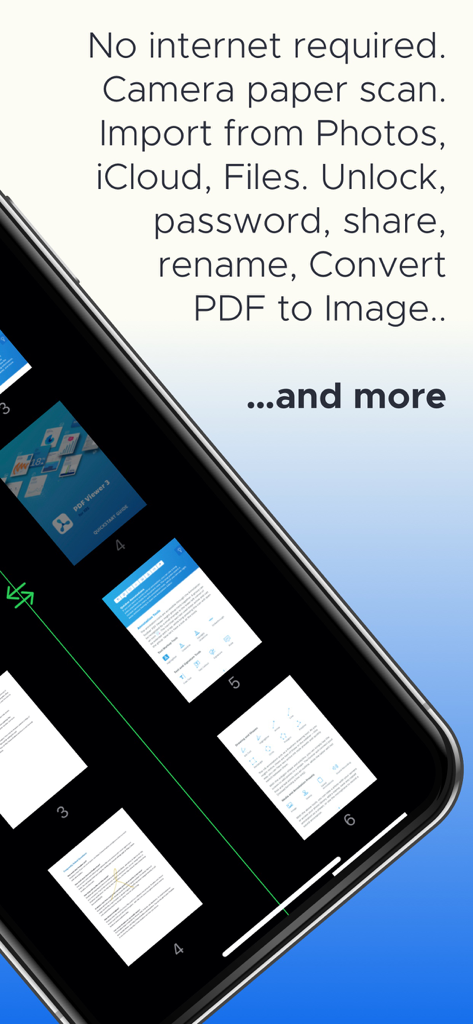 PDF Merge + Scan & Split Pages - Mobile interface of a PDF productivity app showing document scanning and merging features with offline capabilities