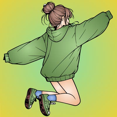realistic girl jumping with a bun and oversized sweatshirt