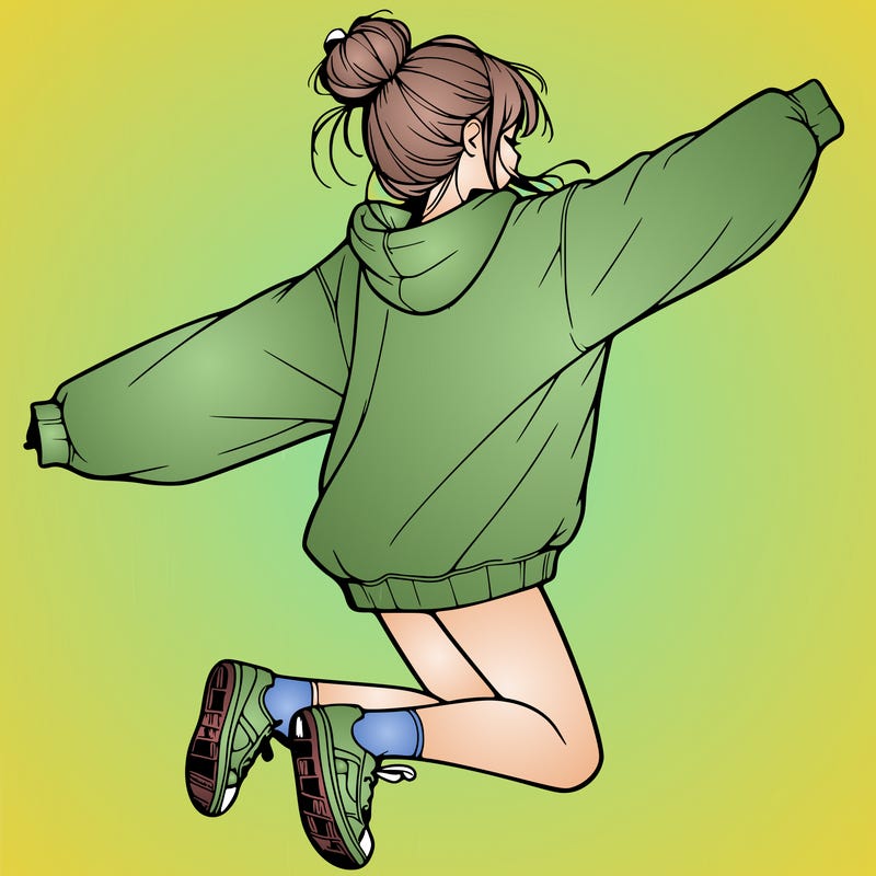 realistic girl jumping with a bun and oversized sweatshirt