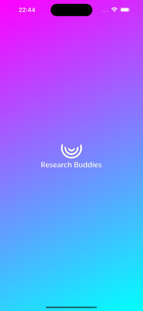 Stroop Buddy - Pantalla de inicio de Stroop Buddy con el logo de Research Buddies sobre un fondo degradado púrpura y azul