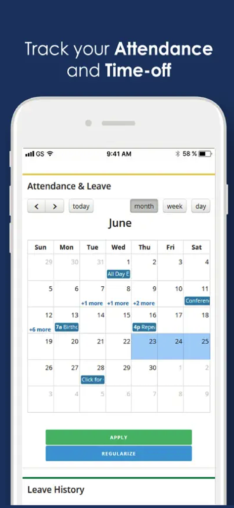 Workline - Mobile screen of Workline app displaying a monthly calendar for tracking attendance and time off