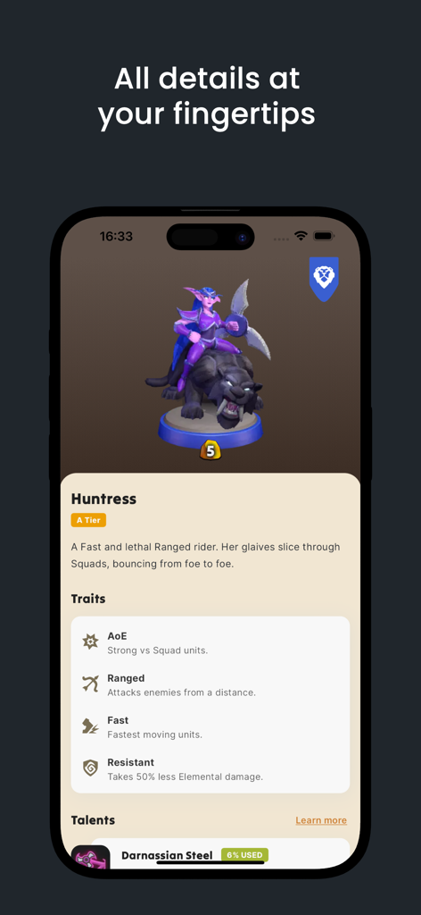 Decks for Warcraft Rumble - Detailed unit reference page for Huntress showing traits, talents, and tier ranking in the Decks for Warcraft Rumble app