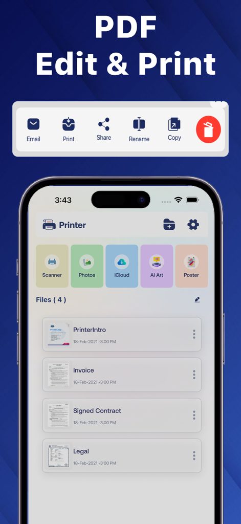 Printer App:Smart Print & Scan - Tableau de bord mobile de Printer App montrant les options pour numériser, éditer et imprimer des documents tels que des factures et des contrats.
