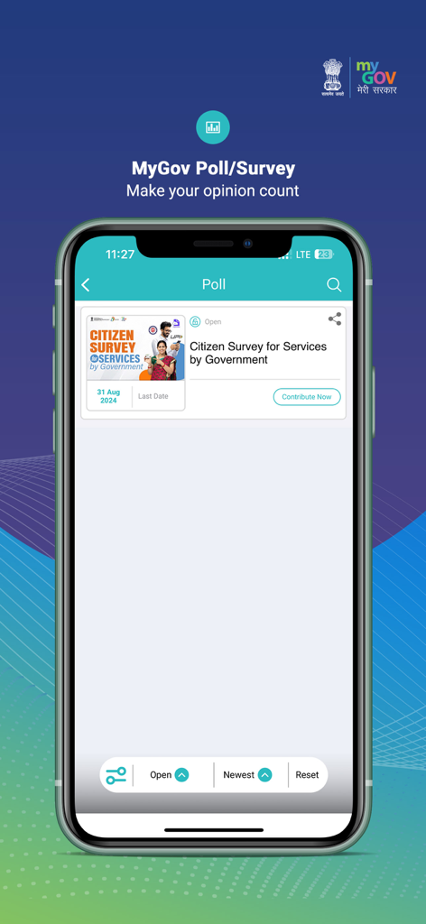 MyGov India - मेरी सरकार - MyGov India app screen showing a citizen survey for government services with a contribute now button
