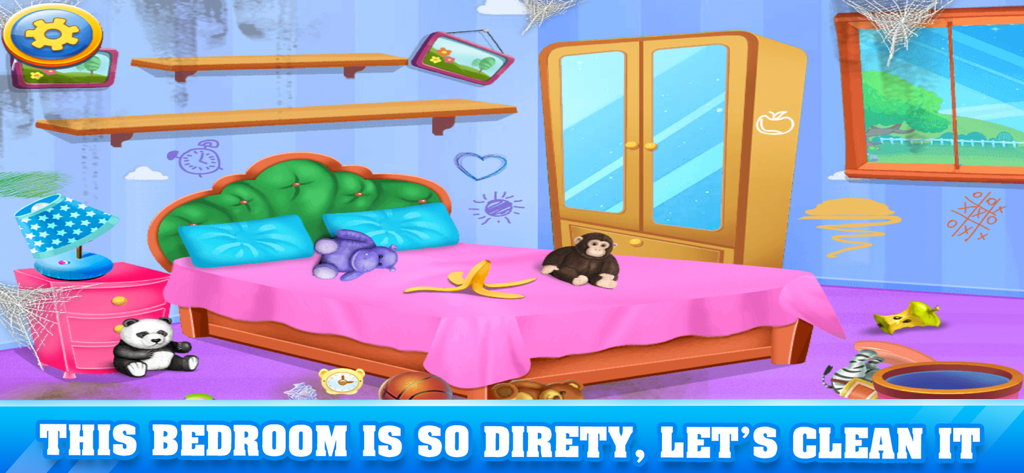 Un dormitorio virtual desordenado con telarañas y basura listo para ser limpiado en un juego para niños