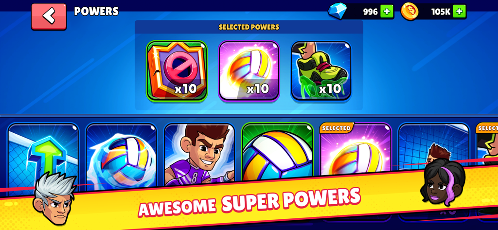 Volleyball Arena: Spike Hard - In-game menu showing selected and available super powers in Volleyball Arena