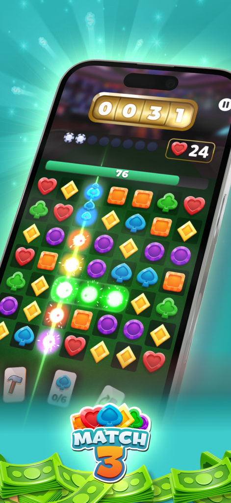 A smartphone screen displaying a Match 3 puzzle game from the Blitz app with cash prizes.