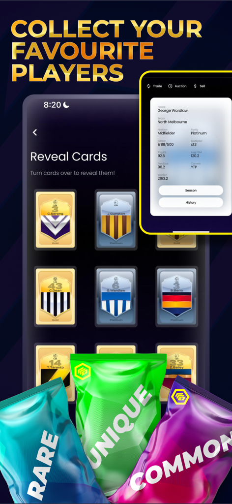 Interface of Game Day Squad app showing digital player cards and collectible card packs