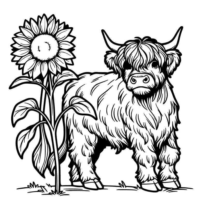 a highland cow with sunflower
