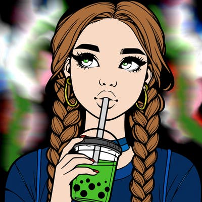 realistic girl with braided hair drinking boba