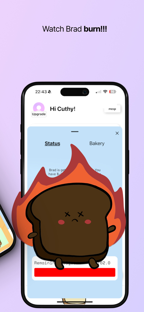 Un personaje de pan quemado en llamas en la interfaz de la aplicación de rastreo de presupuesto Pan, que indica un presupuesto excedido.