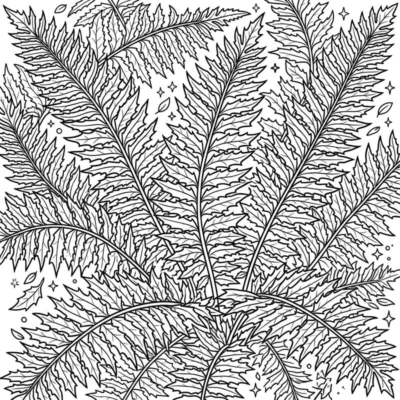 Unfold a world of botanical beauty with this exquisite Holly Fern full scene coloring page. Designed to fill your canvas with lush, intricate foliage, it promises a deeply immersive and calming coloring experience.