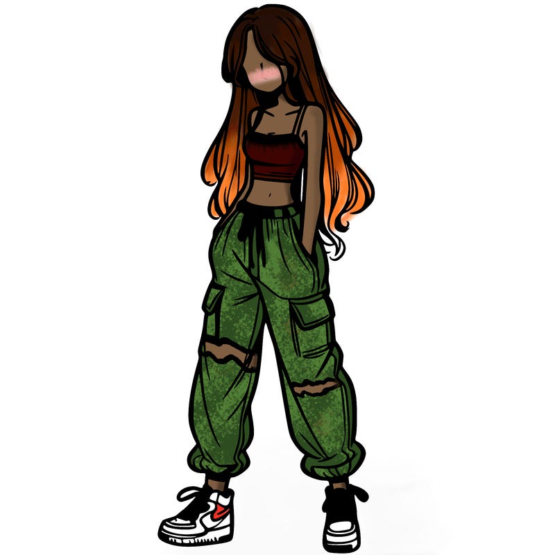 girl in baggy pants crop top and long hair