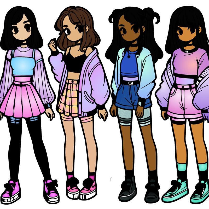 one girl with crop-top shirt and a jacket with a skirt, long socks and another girl with a shirt and pants with a jacket