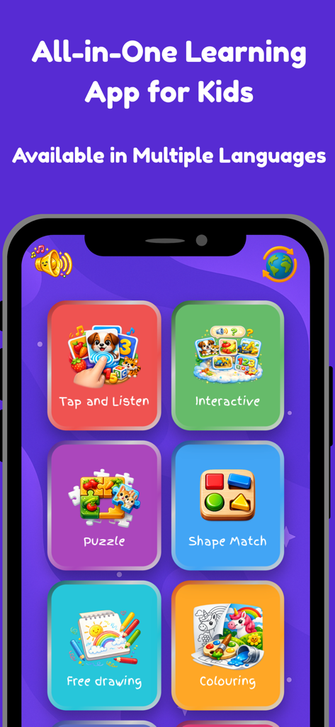 MiaLoo: Toddler Learning Games - Pantalla de inicio de la aplicación MiaLoo que muestra categorías de juegos educativos como rompecabezas, emparejamiento de formas y dibujo para niños pequeños.