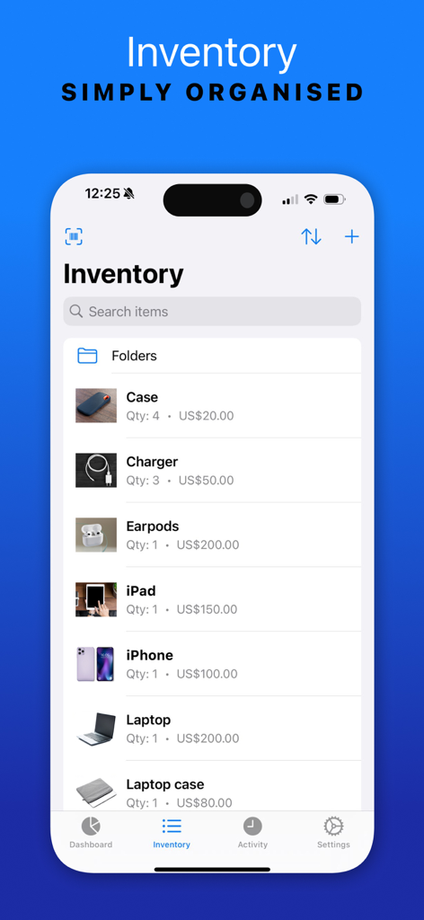 iPhone screen showing an organized list of inventory items with quantities and prices