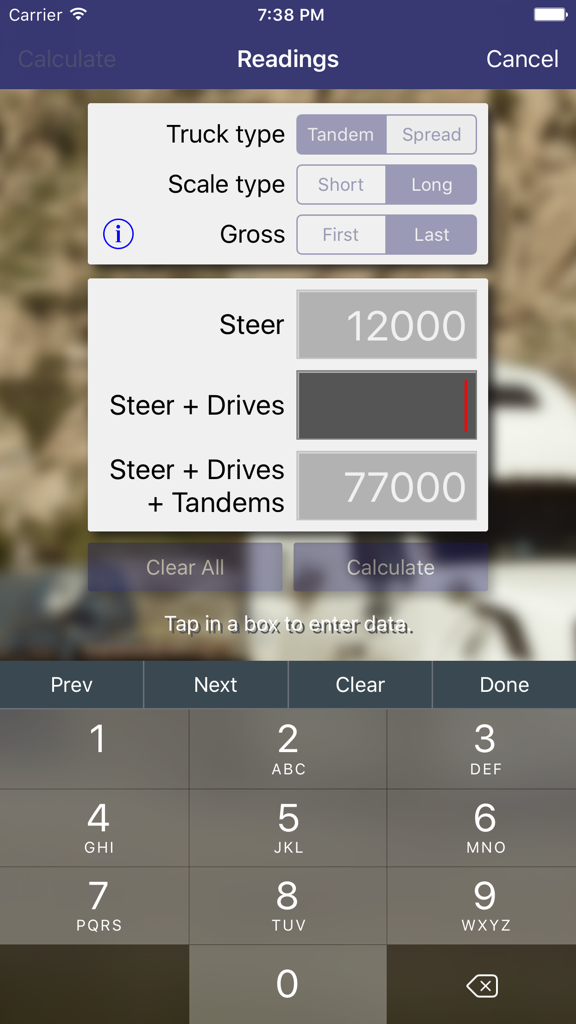 A screen of the Truck Scale Calculator app showing weight input fields for steer and tandem axles with a numeric keypad