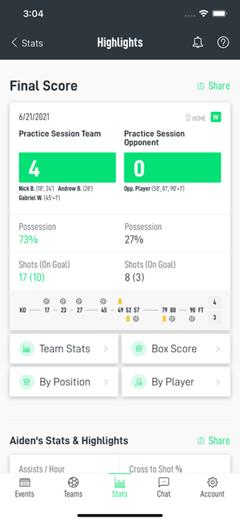 Ollie - Team/Club Management - Ollie app dashboard showing soccer match highlights final score and team performance statistics