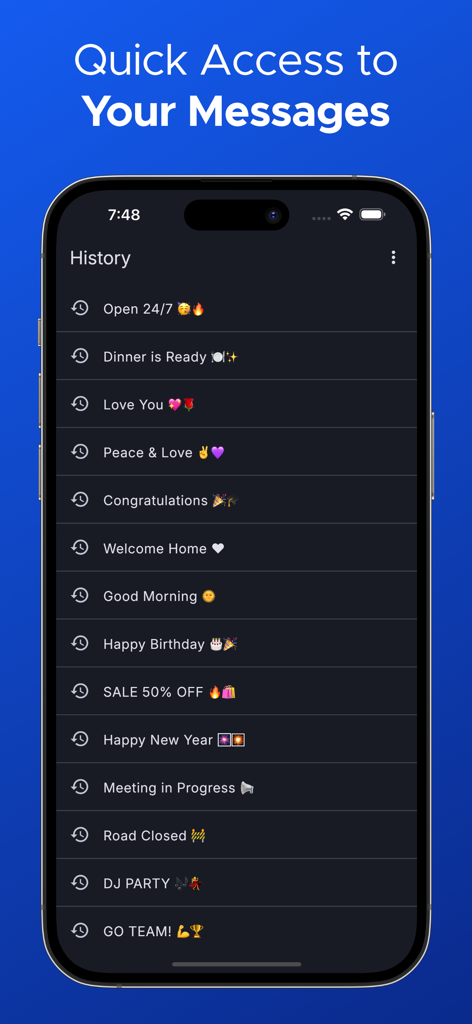 Pantalla de smartphone que muestra el historial de mensajes guardados en la aplicación LED Scroller para acceso rápido