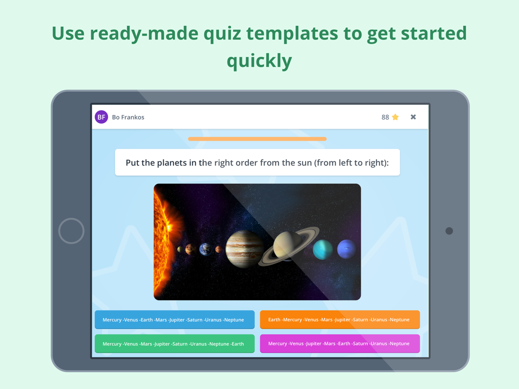 Écran d'iPad affichant un quiz de sciences Gynzy sur l'ordre des planètes par rapport au Soleil
