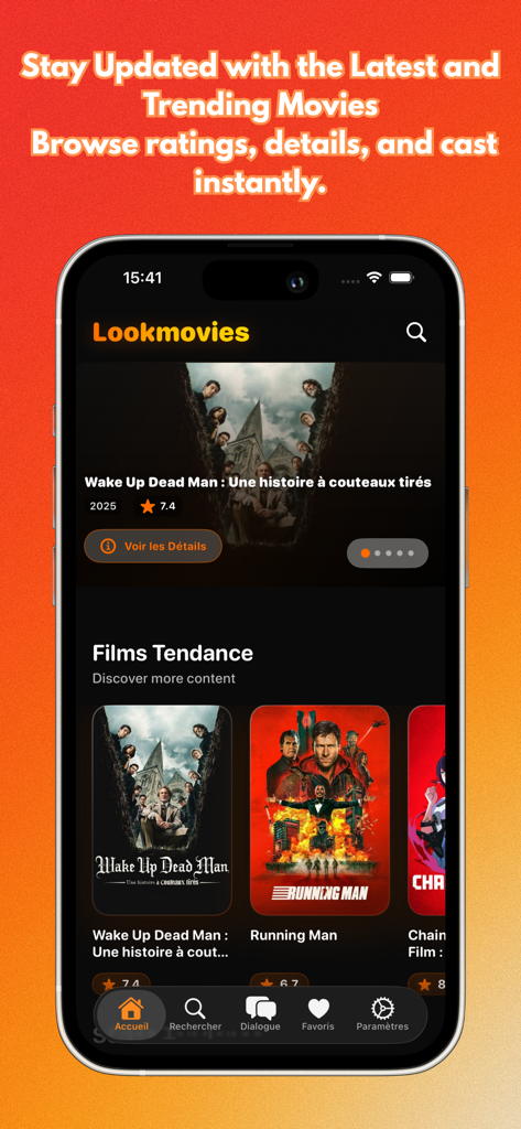 Lookmovie : movies & TV Shows - Lookmovie app homepage featuring trending movies and film ratings on a dark interface.