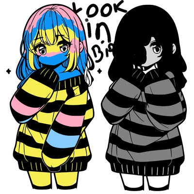 anime girl in a striped oversized sweater
