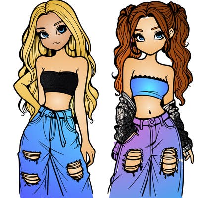 2 girls in crop tops and baggy jeans ripped