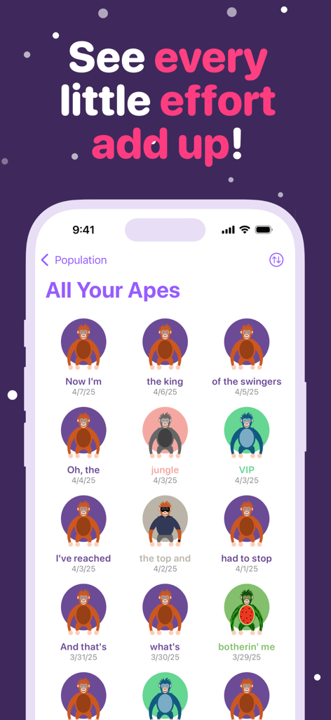 Quit Sugar: No Treat Today - Una cuadrícula de íconos de monos coleccionables en la aplicación Quit Sugar que muestra el progreso del seguimiento de hábitos del usuario y las recompensas.