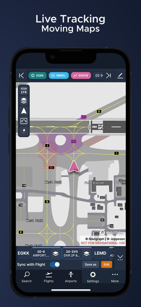 A smartphone displaying the Navigraph Charts app with live tracking and moving maps of an airport taxiway diagram.