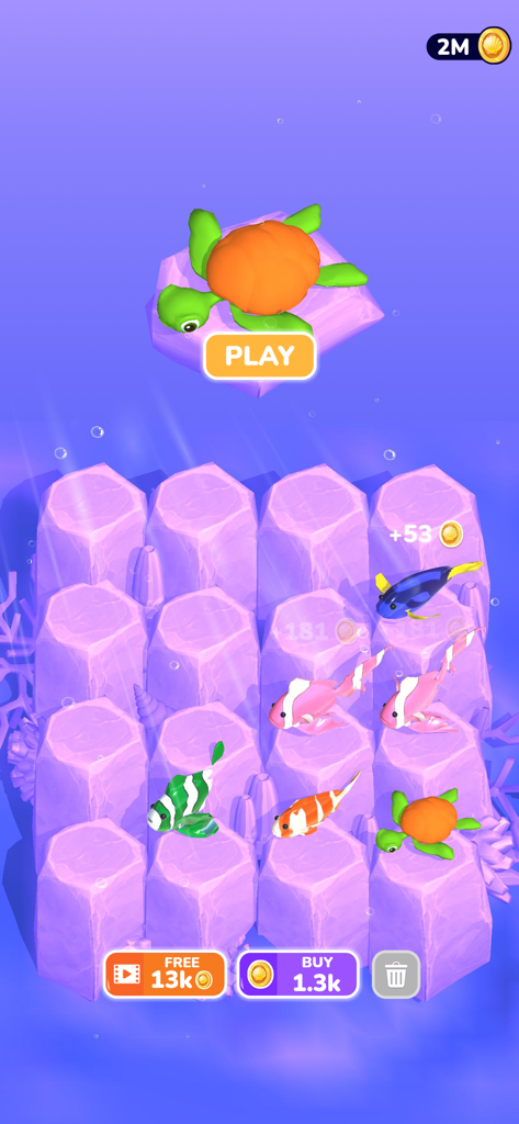 Evolution Merge - Eat and Grow - Pantalla de juego de Evolution Merge con una cuadrícula de criaturas marinas y una tortuga en una plataforma