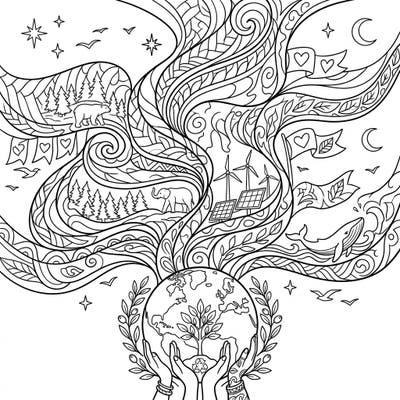 Celebrate our planet with this unique Earth Day coloring page, featuring graceful auroral curtains flowing around symbols of nature and environmental care. Dive into a detailed scene that beautifully combines the wonder of the northern lights with a powerful message of ecological protection.