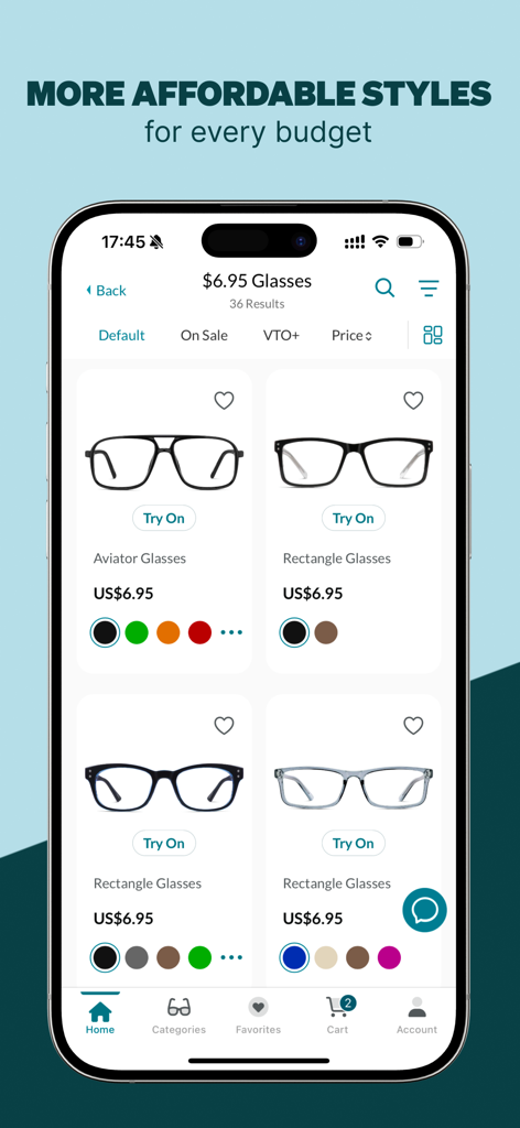 Zenni Mobile App-Oberfläche, die eine Auswahl an erschwinglichen Brillen für 6,95 Dollar mit virtueller Anprobe-Funktion anzeigt.