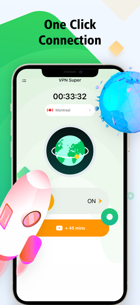 VPN - Super Fast & Secure VPN - Pantalla de iPhone que muestra una interfaz de conexión VPN con un solo clic con un icono de cohete para la velocidad y la selección de un servidor de Montreal.