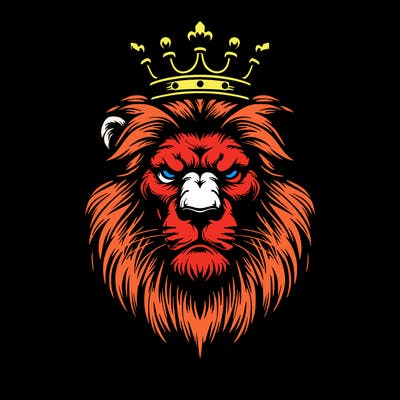 scary lion looking straight ahead. the lion is wearing a classy crown