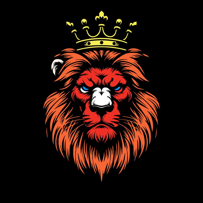 scary lion looking straight ahead. the lion is wearing a classy crown