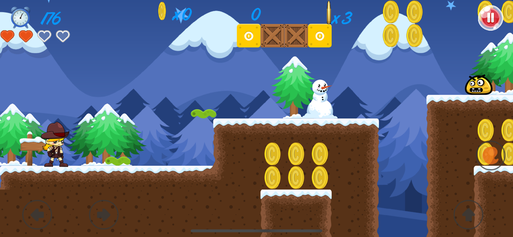 Super Mary's Adventure - Gameplay screenshot of Super Marys Adventure showing a character in a winter level with coins and a snowman.