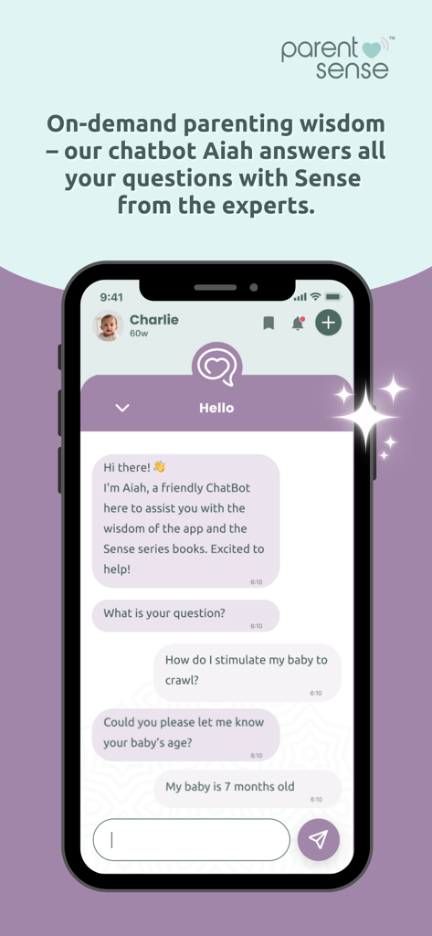 Parent Sense: Daily Baby Care - Mobile screen showing the Parent Sense AI chatbot Aiah providing expert parenting advice on baby development.