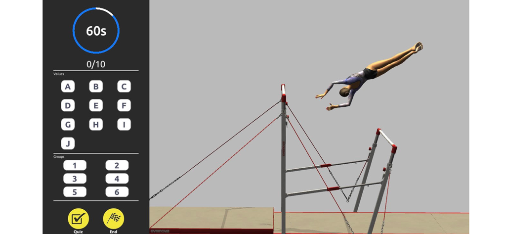 A 3D female gymnast performing on uneven bars next to a quiz interface with a 60-second timer.