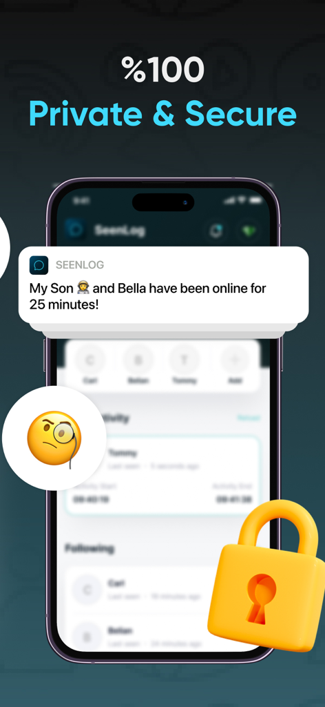 SeenLog app notification displaying child online activity duration with a security padlock icon