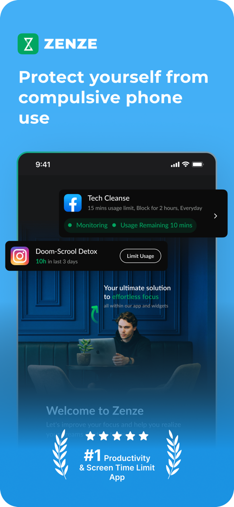 Zenze - App Time Limit - Interfaz de la aplicación Zenze para gestionar el tiempo de pantalla y la productividad del enfoque