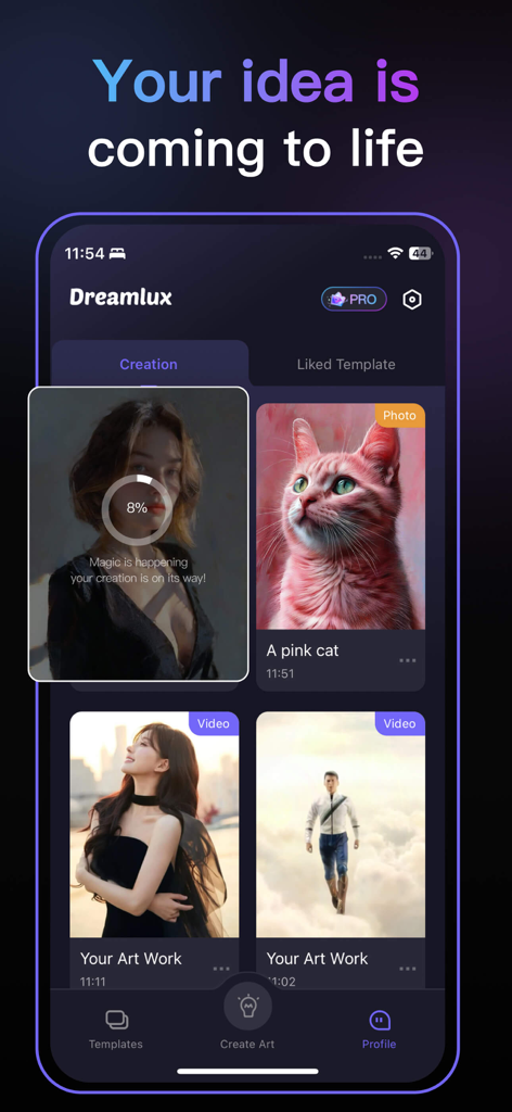 Dreamlux app interface showing AI art generation progress and a gallery of created images and videos