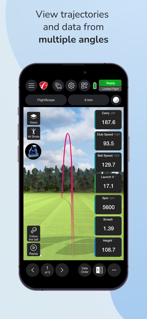 FS Golf - FS Golf app interface showing a 3D golf ball trajectory and performance metrics on a virtual driving range.