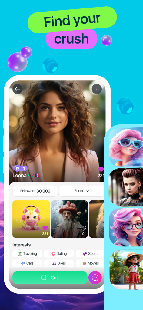 Video Chat - Mira - Interfaz de la aplicación Mira video chat que muestra un perfil de usuario con intereses y selección de avatar IA.