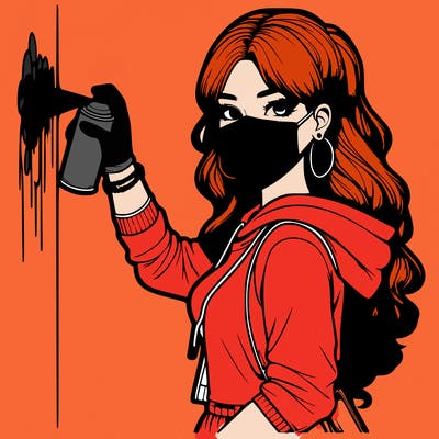 realistic girl with mask spray painting a wall