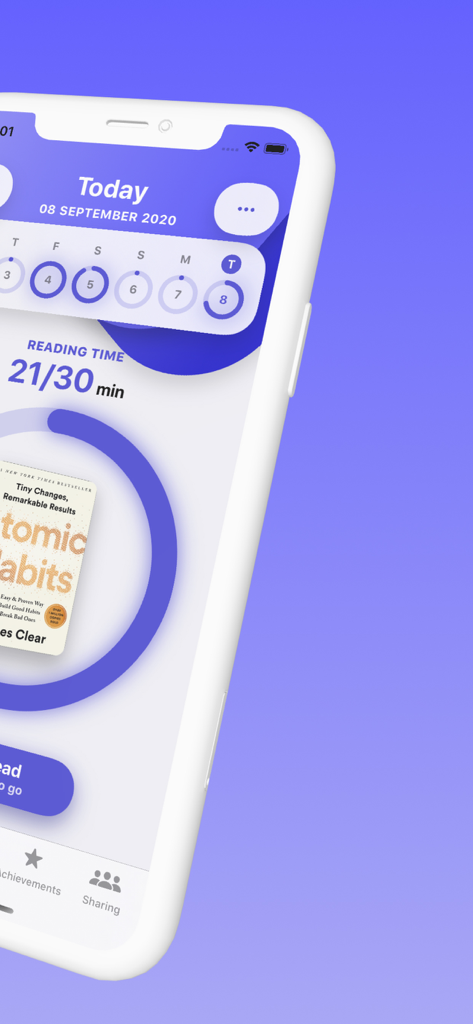 Read - Book Tracker - A mobile app interface for tracking daily reading progress and streaks with a 30 minute goal.